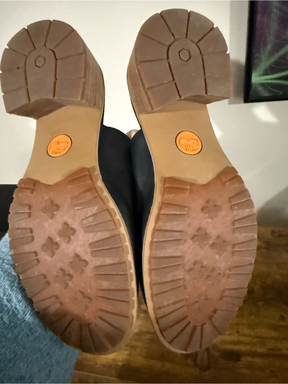 Timberland Black Leather Slide Sandals with Tan Wood Heel - Picture 8 of 10